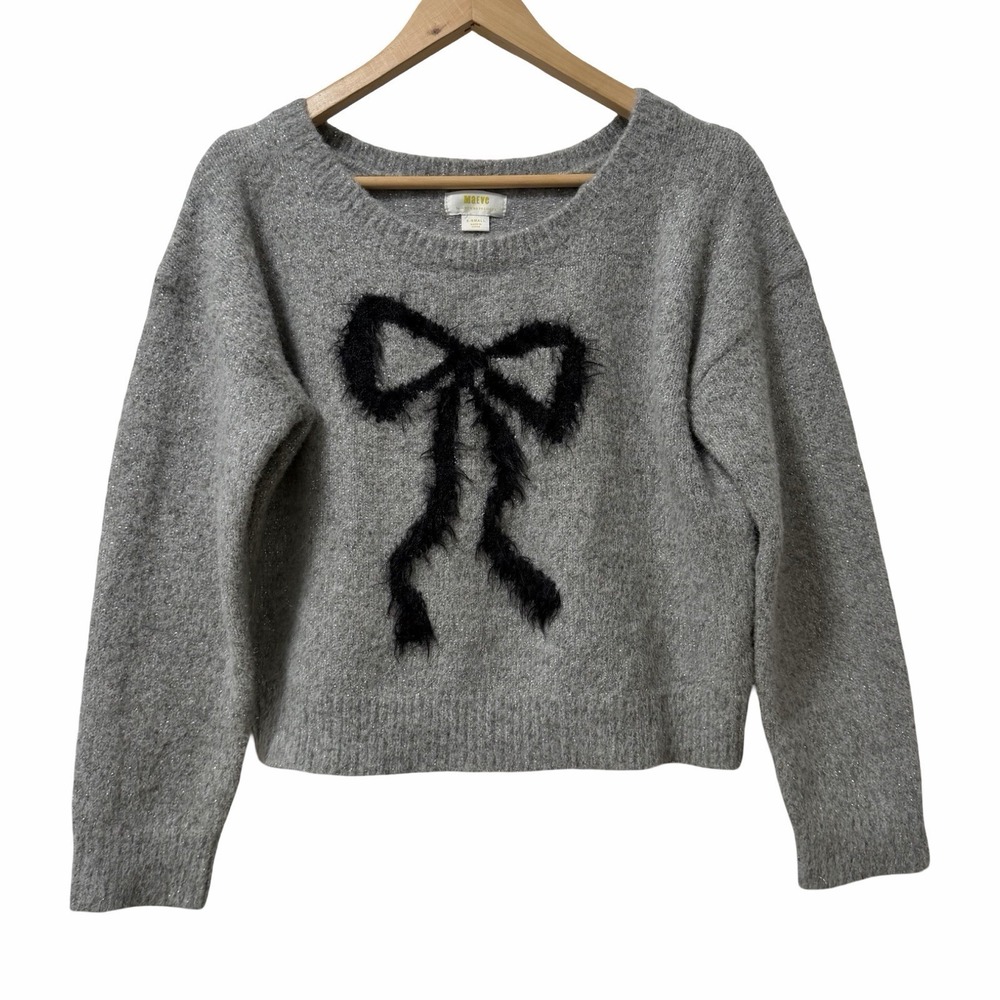 Anthropologie Maeve Sparkle Bow Wool Blend Sweater Size XS Grey Holiday Cozy